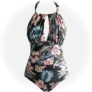 Black floral plunge v-neck ruched halter swimsuit